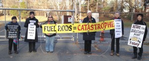 Women with the Shut It Down affinity group, including 94-year-old Frances Crowe (on left), blocking the Vermont Yankee nuclear power plant gate.